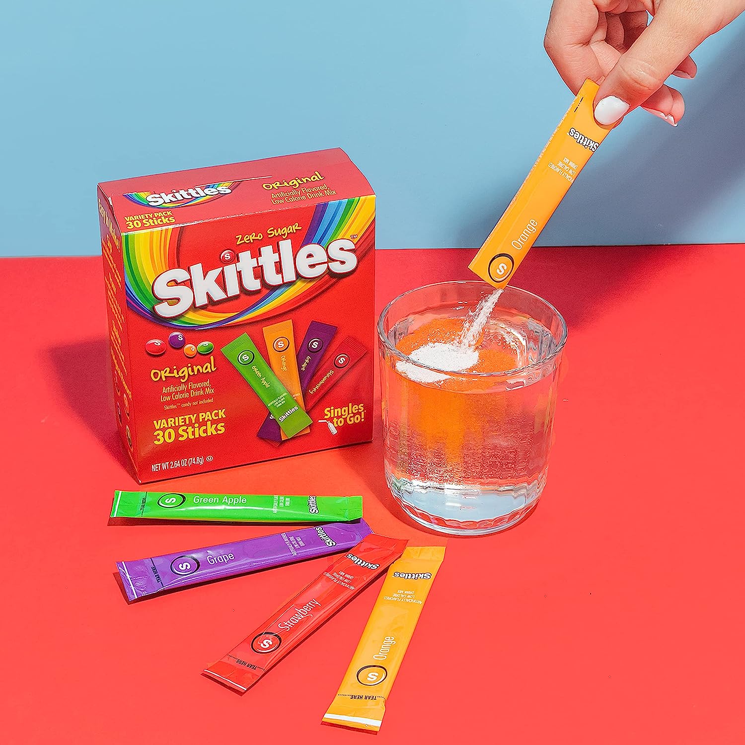 Skittles Singles To Go Variety Pack, Powdered Drink Mix, Zero Sugar, Low Calorie, Includes 4 Flavors: Green Apple, Strawberry, Grape, Orange, 1 Box (30 Single Servings) - Image 3